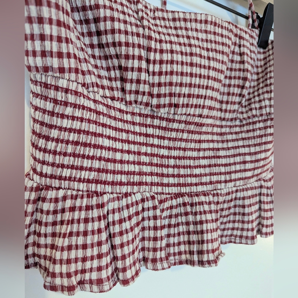 Reformation Gingham Print Halter Peplum Top Burgundy Red Cream - Size 0 - Picture 5 of 7